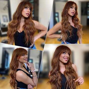 Lativ Long Wavy Auburn Wig with Bangs for Women
