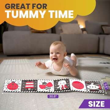 High Contrast Baby Toys 0-6 Months - Soft Book & Wooden Ring Rattle Teether - Newborn Essentials, In...