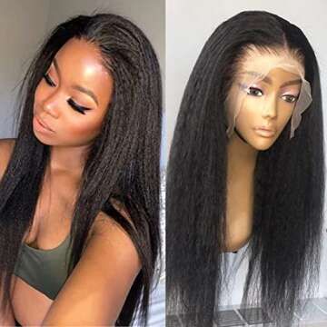 UNICE Yaki Kinky Straight 13X4 Lace Front Human Hair Wigs Pre Plucked with Baby Hair, Brazilian Remy Hair Italian Yaki Frontal Wig for Black Women Free Part 150% Density Natural Color (16 inch)