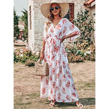 ANRABESS Women’s Summer Loose Boho Flowy Wrap V Neck 3/4 Sleeve Floral Print Slit Beach Wedding Gu...