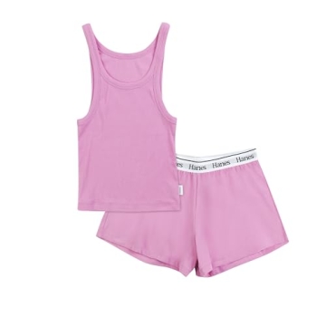 Hanes Women's Originals Loungewear, Comfywear Rib Crop Tank and Sleep Shorts, 2-Piece Set, Strawberr...