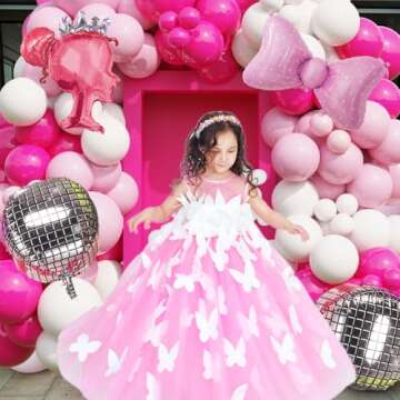 Hot Pink Rose Red Light Pink Matte White Balloons Silver Disco Ball Bow Crown Princess Balloon Arch ...