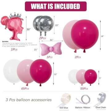 Hot Pink Rose Red Light Pink Matte White Balloons Silver Disco Ball Bow Crown Princess Balloon Arch Kit For Princess Party Decoration Birthday Girl Baby Shower Summer Themed Party Backdrop