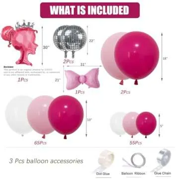 Hot Pink Rose Red Light Pink Matte White Balloons Silver Disco Ball Bow Crown Princess Balloon Arch Kit For Princess Party Decoration Birthday Girl Baby Shower Summer Themed Party Backdrop