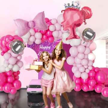 Hot Pink Rose Red Light Pink Matte White Balloons Silver Disco Ball Bow Crown Princess Balloon Arch Kit For Princess Party Decoration Birthday Girl Baby Shower Summer Themed Party Backdrop