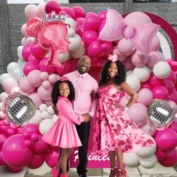 Hot Pink Rose Red Light Pink Matte White Balloons Silver Disco Ball Bow Crown Princess Balloon Arch Kit For Princess Party Decoration Birthday Girl Baby Shower Summer Themed Party Backdrop