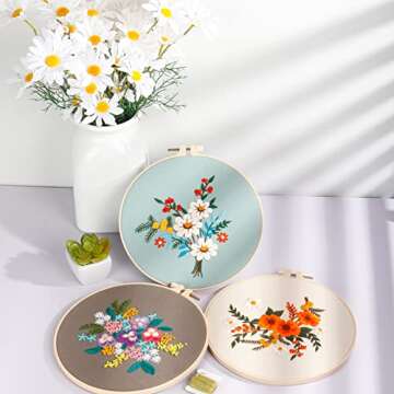 4 Sets Embroidery Kits with Pattern and Instruction,Cross Stitch Kits Include 4 Embroidery Cloth with Floral Pattern,1 Plastic Embroidery Hoops, Color Threads and Needle Threader,Needlepoint Kit