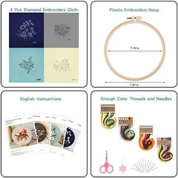 4 Sets Embroidery Kits with Pattern and Instruction,Cross Stitch Kits Include 4 Embroidery Cloth with Floral Pattern,1 Plastic Embroidery Hoops, Color Threads and Needle Threader,Needlepoint Kit