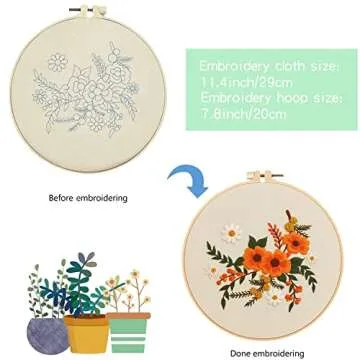 4 Sets Embroidery Kits with Pattern and Instruction,Cross Stitch Kits Include 4 Embroidery Cloth with Floral Pattern,1 Plastic Embroidery Hoops, Color Threads and Needle Threader,Needlepoint Kit