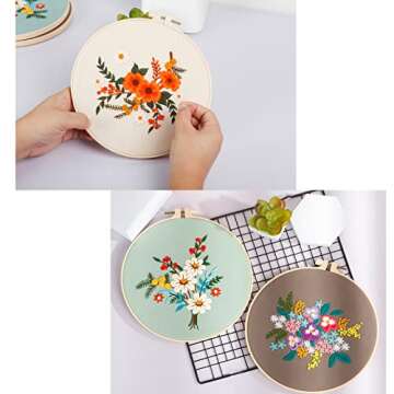 4 Sets Embroidery Kits with Pattern and Instruction,Cross Stitch Kits Include 4 Embroidery Cloth with Floral Pattern,1 Plastic Embroidery Hoops, Color Threads and Needle Threader,Needlepoint Kit