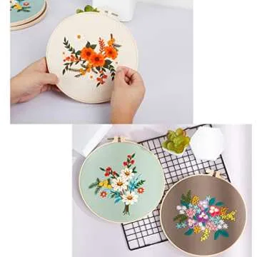 4 Sets Embroidery Kits with Pattern and Instruction,Cross Stitch Kits Include 4 Embroidery Cloth with Floral Pattern,1 Plastic Embroidery Hoops, Color Threads and Needle Threader,Needlepoint Kit
