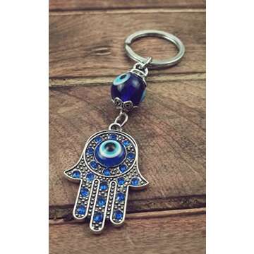 Evil Eye Silver Hamsa Keychain Hand Fatima Protection Charm Key holder Good Luck Keychain - Amulet