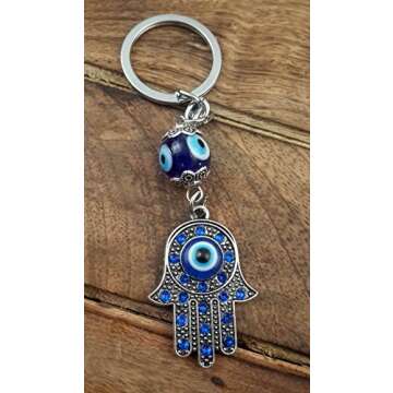 Evil Eye Silver Hamsa Keychain Hand Fatima Protection Charm Key holder Good Luck Keychain - Amulet