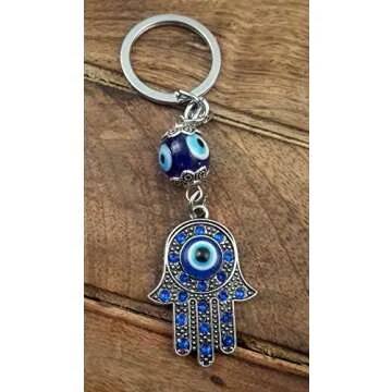 Evil Eye Silver Hamsa Keychain Hand Fatima Protection Charm Key holder Good Luck Keychain - Amulet
