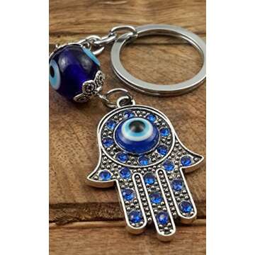 Evil Eye Silver Hamsa Keychain Hand Fatima Protection Charm Key holder Good Luck Keychain - Amulet