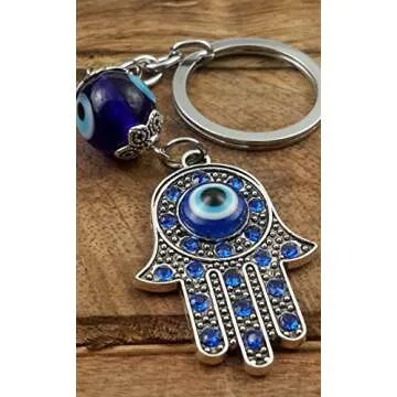 Evil Eye Silver Hamsa Keychain Hand Fatima Protection Charm Key holder Good Luck Keychain - Amulet