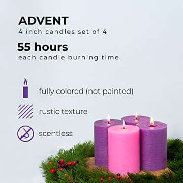CANDWAX 3x4 Pillar Advent Candles Set of 4 - Rustic Pillar Candles Unscented and No Drip Candles - I...