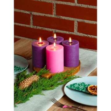 CANDWAX 3x4 Pillar Advent Candles Set of 4 - Rustic Pillar Candles Unscented and No Drip Candles - Ideal as Candles for Advent Wreath or Christmas Decorations - Purple Set of Advent Pillar Candles