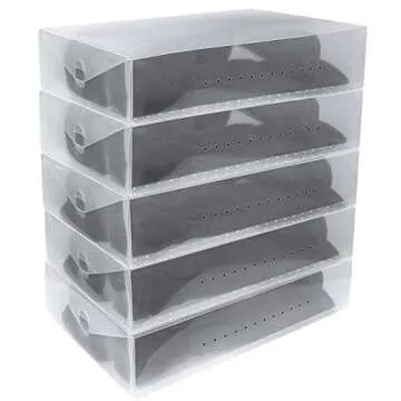 Greenco Clear Foldable Shoe Storage Boxes, 5 Pack - Stackable Heavy Duty Plastic Boot Storage Box, Perfect for Apartments, Small Spaces, and College Dorm Rooms, Shoe Box and Boot Organizer
