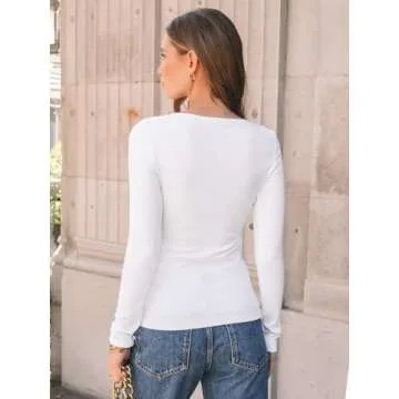 AUTOMET Long Sleeve Shirts for Women Ribbed Knit Fall Tops Casual Basic Fitted T Tshirts Tight Underscrub Slim Cotton 2024 Trendy Teen Outfits Fashion Cute Clothes Going Out Undershirt White XL