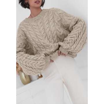 PRETTYGARDEN Womens Sweaters Spring 2025 Cable Knit Long Sleeve Crewneck Oversized Sweater Chunky Pu...