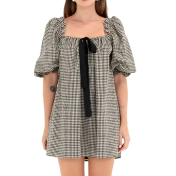 Faretumiya Women Cute Babydoll Mini Dress Y2k Square Neck Bow Tie Flowy Dress Fairy Sweet Puff Short Sleeve Sundress(Bow Black,Small)