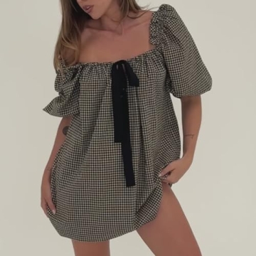 Faretumiya Women Cute Babydoll Mini Dress Y2k Square Neck Bow Tie Flowy Dress Fairy Sweet Puff Short Sleeve Sundress(Bow Black,Small)