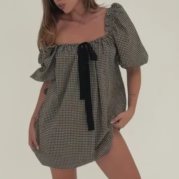 Faretumiya Women Cute Babydoll Mini Dress Y2k Square Neck Bow Tie Flowy Dress Fairy Sweet Puff Short Sleeve Sundress(Bow Black,Small)