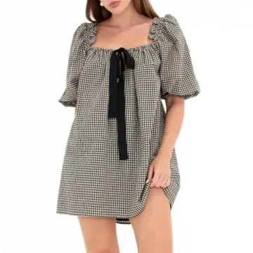 Faretumiya Women Cute Babydoll Mini Dress Y2k Square Neck Bow Tie Flowy Dress Fairy Sweet Puff Short Sleeve Sundress(Bow Black,Small)