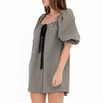 Faretumiya Women Cute Babydoll Mini Dress Y2k Square Neck Bow Tie Flowy Dress Fairy Sweet Puff Short Sleeve Sundress(Bow Black,Small)