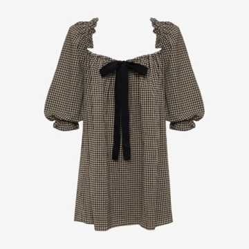 Faretumiya Women Cute Babydoll Mini Dress Y2k Square Neck Bow Tie Flowy Dress Fairy Sweet Puff Short Sleeve Sundress(Bow Black,Small)