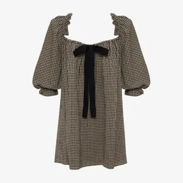 Faretumiya Women Cute Babydoll Mini Dress Y2k Square Neck Bow Tie Flowy Dress Fairy Sweet Puff Short Sleeve Sundress(Bow Black,Small)