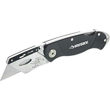 Husky 21113 Folding Sure-Grip Lock Back Utility Knife w/ 10 Disposable Blades Included (Colors Vary)