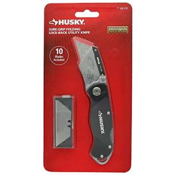Husky 21113 Folding Sure-Grip Lock Back Utility Knife w/ 10 Disposable Blades Included (Colors Vary)