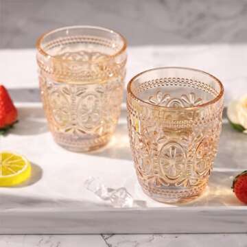 abrwyy Amber Glassware set of 4 Vintage Drinking Glasses, 9.5oz Amber Heavy Duty Glass Cups, Old Fas...