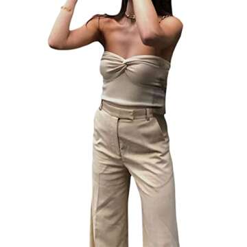 Women Sexy Knitted Strapless Tube Top Sleeveless Striped Print Hollow Out Crop Top Y2K 90s Streetwear(Solid Apricot,Small)