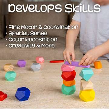 40 Pcs Wooden Stacking Rocks - Choke-Free - Montessori Toys for 1+ year old - Sensory Toys for Toddlers 1-3 - Educational & Preschool Toys - Learning + Education for 1 2 3 4 5 6 - Stone Building Toys