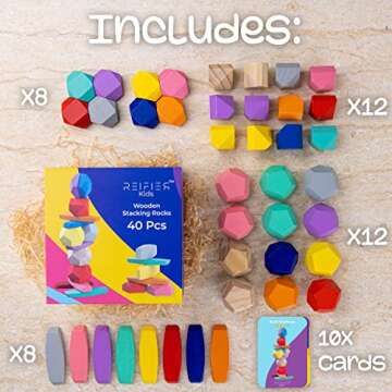 40 Pcs Wooden Stacking Rocks - Choke-Free - Montessori Toys for 1+ year old - Sensory Toys for Toddlers 1-3 - Educational & Preschool Toys - Learning + Education for 1 2 3 4 5 6 - Stone Building Toys