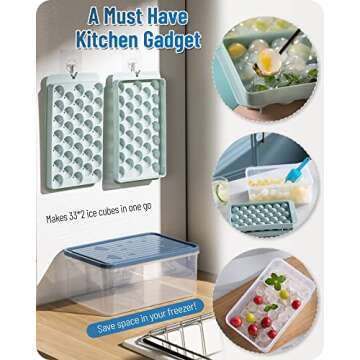 ICEDIVER Ice Cube Tray, Round Ice Trays for Freezer with Lid and Bin, Circle Ice Mold Making 66 x 1.0IN Small Ice Balls,Sphere Ice Makers with Ice Buckets Tongs & Scoop (Blue)