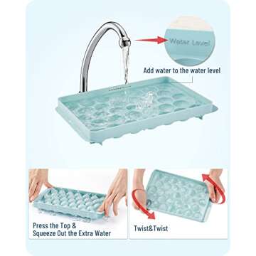 ICEDIVER Ice Cube Tray, Round Ice Trays for Freezer with Lid and Bin, Circle Ice Mold Making 66 x 1.0IN Small Ice Balls,Sphere Ice Makers with Ice Buckets Tongs & Scoop (Blue)