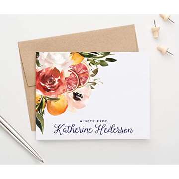 Rustic Personalized Floral Stationary with Envelopes, FOLDED NOTE CARDS, Citrus Fall Floral Personal...