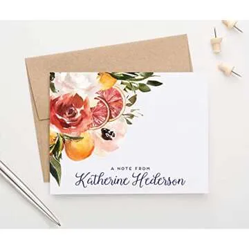 Rustic Personalized Floral Stationary with Envelopes, FOLDED NOTE CARDS, Citrus Fall Floral Personal...
