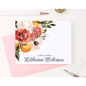 Rustic Personalized Floral Stationary with Envelopes, FOLDED NOTE CARDS, Citrus Fall Floral Personalized Stationery Set for Women, Personalized Floral Note Cards, Your Choice of Colors and Quantity