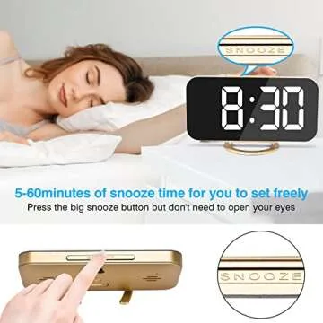 Digital Alarm Clock,6" Large LED Display with Dual USB Charger Ports | Auto Dimmer Mode | Easy Snooze Function, Modern Mirror Desk Wall Clock for Bedroom Home Office for All People (Gold)