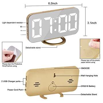 Digital Alarm Clock,6" Large LED Display with Dual USB Charger Ports | Auto Dimmer Mode | Easy Snooze Function, Modern Mirror Desk Wall Clock for Bedroom Home Office for All People (Gold)