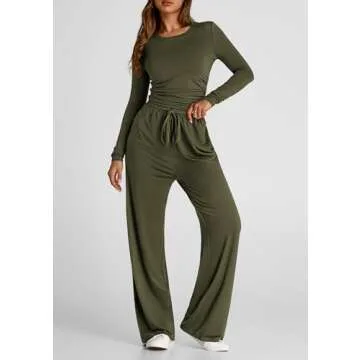 PRETTYGARDEN Women's Spring Fall Two Piece Outfits Tracksuits Long Sleeve Crop Tee Shirts Wide Leg Pants Matching Lounge Sets (Army Green,Large)