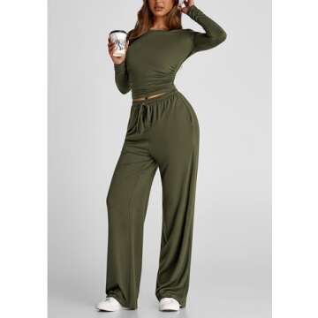 PRETTYGARDEN Women's Spring Fall Two Piece Outfits Tracksuits Long Sleeve Crop Tee Shirts Wide Leg Pants Matching Lounge Sets (Army Green,Large)