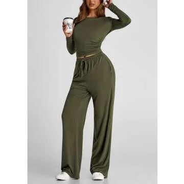 PRETTYGARDEN Women's Spring Fall Two Piece Outfits Tracksuits Long Sleeve Crop Tee Shirts Wide Leg Pants Matching Lounge Sets (Army Green,Large)