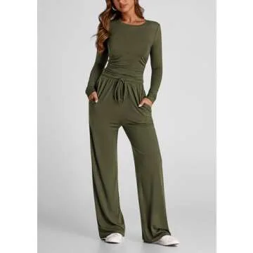 PRETTYGARDEN Women's Spring Fall Two Piece Outfits Tracksuits Long Sleeve Crop Tee Shirts Wide Leg Pants Matching Lounge Sets (Army Green,Large)