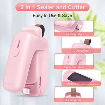 EZCO Bag Sealer Mini, Handheld Bag Heat Vacuum Sealer, 2 in 1 Heat Sealer & Cutter Portable Bag Resealer Machine Food Saver for Plastic Bags Storage Snack Cookies Fresh (Battery Included)